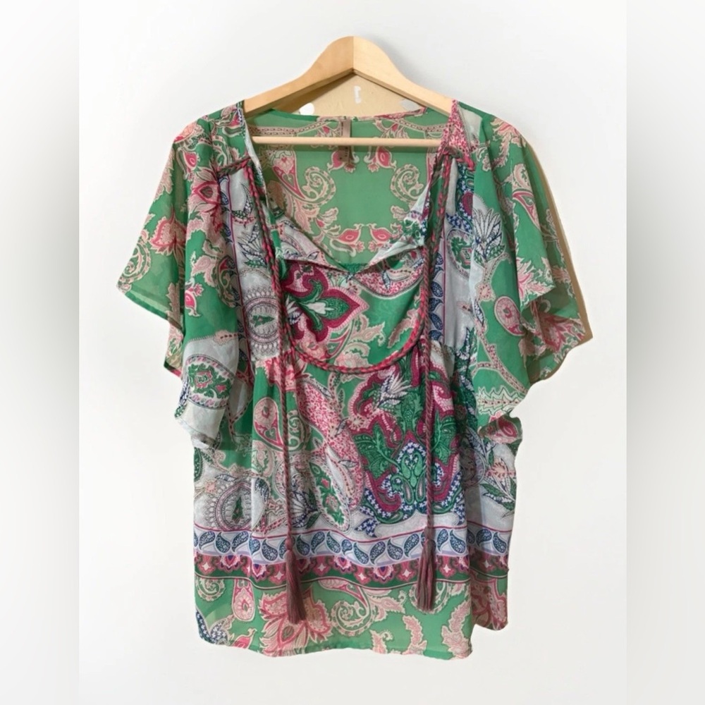 Entro green & pink paisley Boho relaxed fit blouse with flutter sleeves